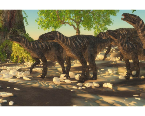 Een dino-familie, bestaande uit verschillende soorten dinosaurussen, afgebeeld op een speels fotobehang.