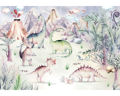 Kinderbehang van dinosaurussen die door een kleurrijke jungle spelen, speciaal voor kinderkamers.