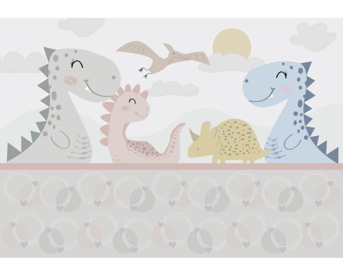 Pastelkleurig dinosaurussen fotobehang voor een zachte en vrolijke kinderkamer.
