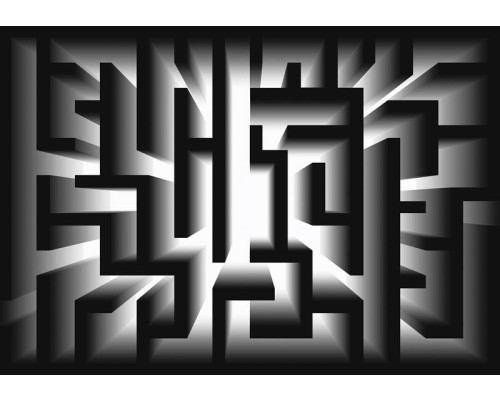 Doolhof in zwart-wit, abstract weergegeven op een modern fotobehang voor een mysterieuze sfeer.