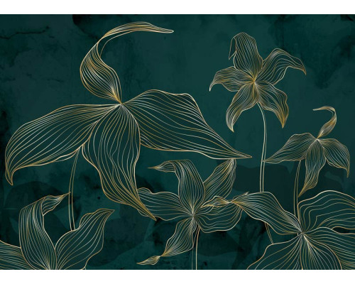 Een fotobehang met exotisch groen en gouden accenten, waarin weelderige tropische bloemen en subtiele goudtinten samenkomen voor een luxe en natuurlijke uitstraling.