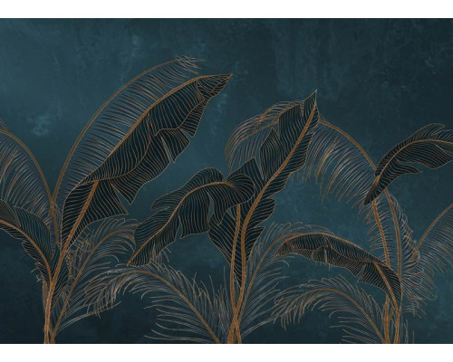 Een fotobehang met exotische palmbladeren in diepgroen met gouden accenten, waarin weelderige bladeren en subtiele goudtinten zorgen voor een luxe en tropische uitstraling.