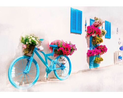 Fotobehang van een fiets in een Griekse steeg, met typische Griekse architectuur.