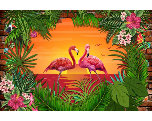 Een flamingo bij zonsondergang, tegen een 3D-bakstenen muur en tropische zee, weergegeven op dit fotobehang.