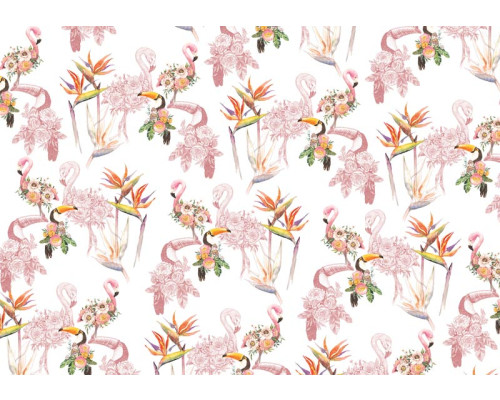 Dit kleurrijke fotobehang toont flamingo’s en toekans te midden van weelderige bloemen, ideaal voor een levendige omgeving.