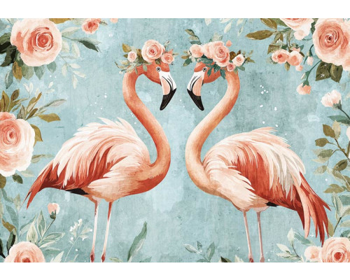 Fotobehang van flamingo's en rozen in waterverf, een kunstzinnig bloemenontwerp.