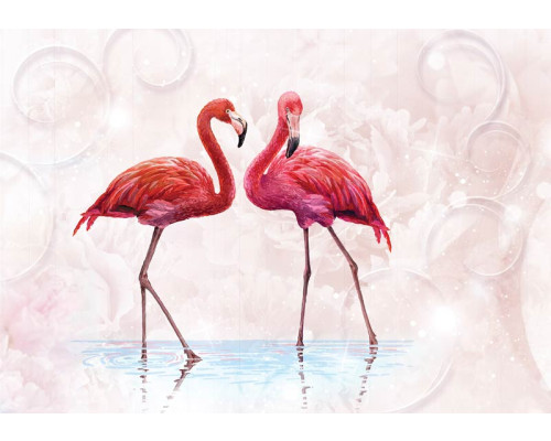 Flamingo's in roze tinten, liefdevol weergegeven op een abstract en kunstzinnig fotobehang.