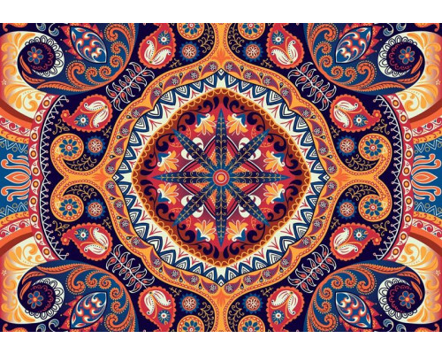 Kleurrijke bloemen in een folk-patroon, weergegeven op een artistiek en abstract fotobehang.