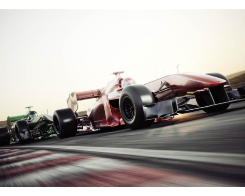 Fotobehang van een Formule 1 racegevecht tussen auto's, met een spannende racesfeer.