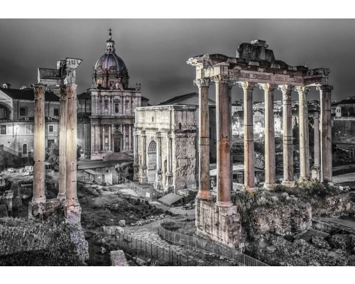 Fotobehang van het Forum Romanum in Rome, zwart-wit afbeelding van een klassiek monument.