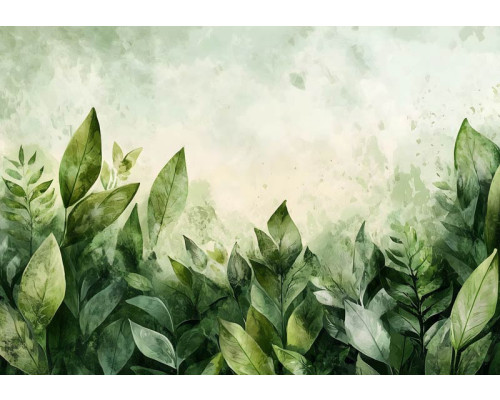 Fotobehang met frisse groene bladeren in aquarelstijl op een lichte achtergrond met natuurlijke uitstraling.