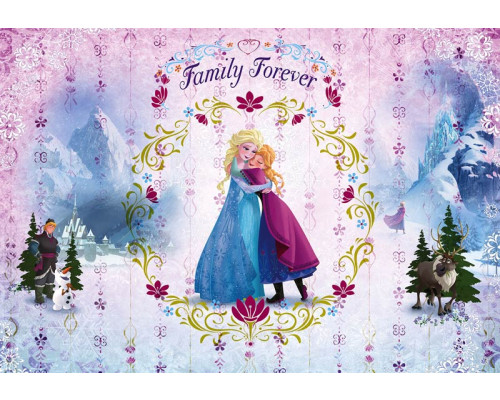 Frozen Herfstkoninkrijk fotobehang met Elsa en Anna in een herfstachtig bos, omringd door vallende bladeren en warme herfstkleuren.