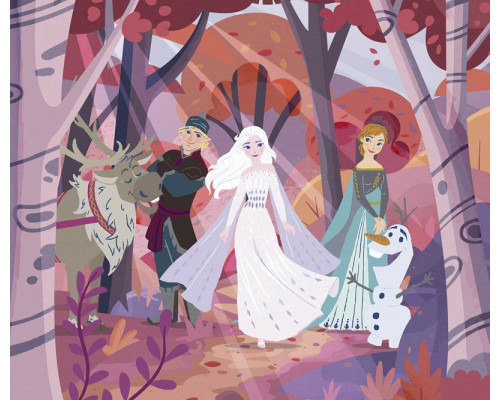 Frozen Herfstkoninkrijk fotobehang met Elsa en Anna in een herfstachtig bos, omringd door vallende bladeren en warme herfstkleuren.