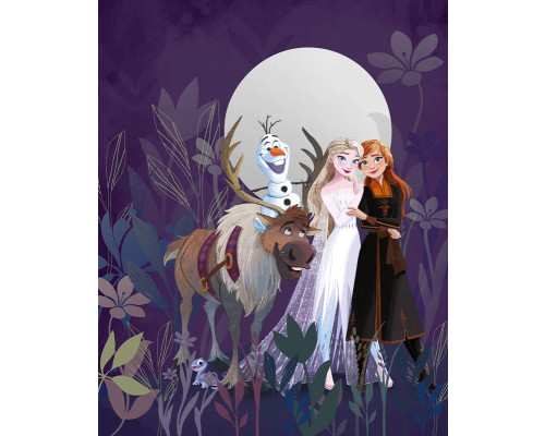 Frozen Herfstkoninkrijk fotobehang met Elsa en Anna in een herfstachtig bos, omringd door vallende bladeren en warme herfstkleuren.