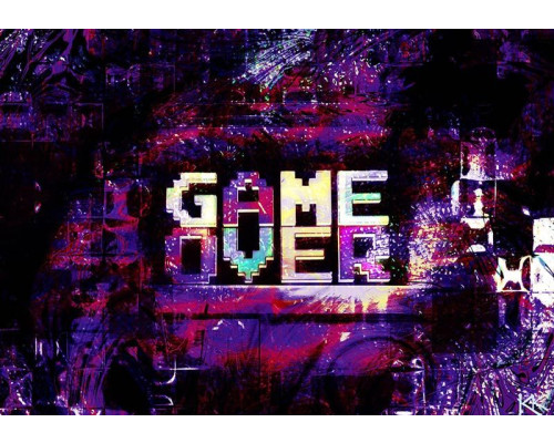 Fotobehang met de tekst Game Over in pixelstijl op een paarse achtergrond.
