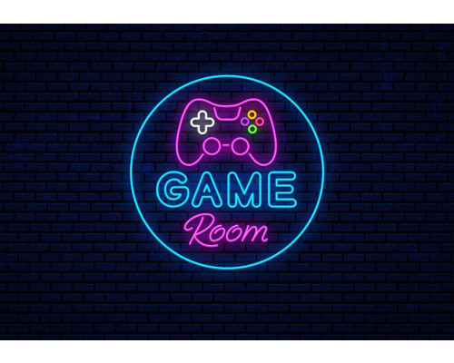 Fotobehang Game Room Neonstijl met neon gamecontroller en felgekleurde knoppen op donkere baksteenachtergrond.