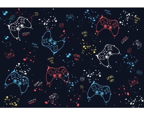 Fotobehang van verschillende gamecontrollers, ontworpen voor een gamingkamer of een speelse ruimte.