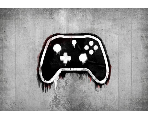 Gaming controller graffiti-stijl muurschildering met levendige kleuren en speelse details, perfect voor een gamekamer.