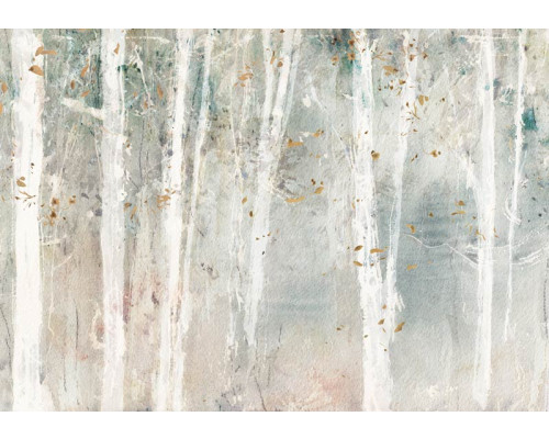 Geschilderde bomen in een bos, afgebeeld op een kunstzinnig fotobehang dat de natuur tot leven brengt.