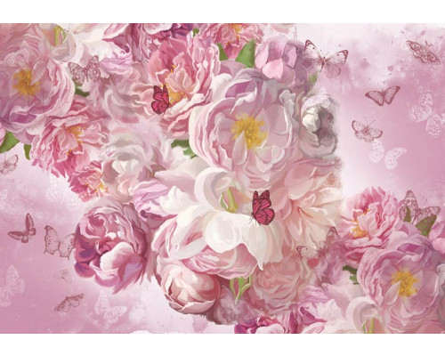 Fotobehang van geschilderde pioenrozen en roze bloemen, met vlinders in een elegante compositie.