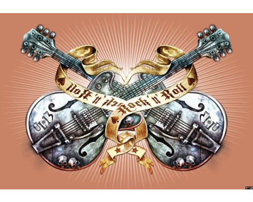 Fotobehang van oranje gitaren in een heavy metal stijl, perfect voor muziekliefhebbers en rockfans.