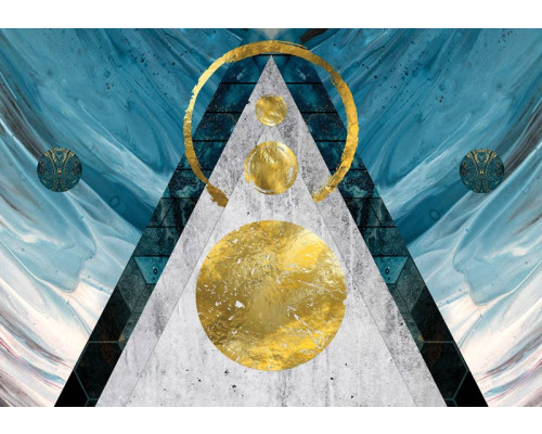 Fotobehang in art-decostijl, met geometrische vormen en goudkleurige elementen.