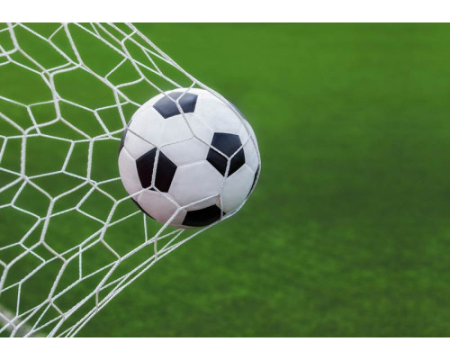 Fotobehang van een voetbal die met kracht in het doel schiet, waarbij het net strak gespannen staat na het doelpunt.