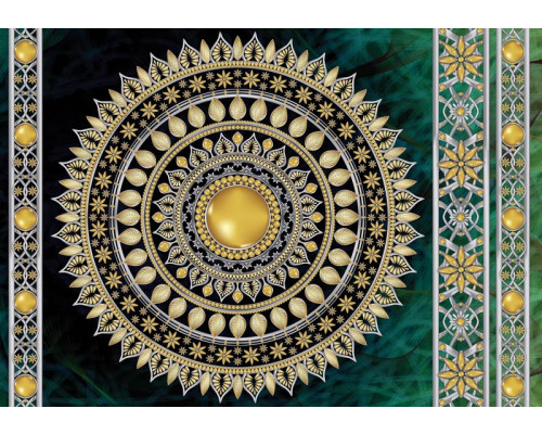 Smaragdgroene en gouden mandala, fotobehang dat een luxueuze en artistieke uitstraling geeft.