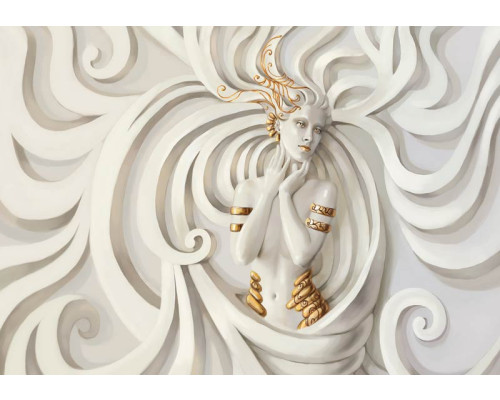 Fotobehang met gouden vrouw en kunstzinnig reliëf, ideaal voor een luxe en artistieke sfeer in elke kamer.