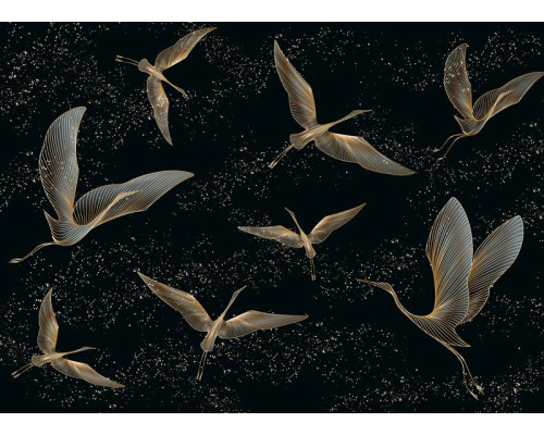 Een fotobehang met gouden kraanvogels, waarin sierlijke vogels met goudaccenten zweven tegen een subtiele achtergrond voor een luxe en harmonieuze uitstraling.
