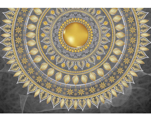 Gouden mandala op een grijze achtergrond, weergegeven in een artistiek fotobehang met verfijning.