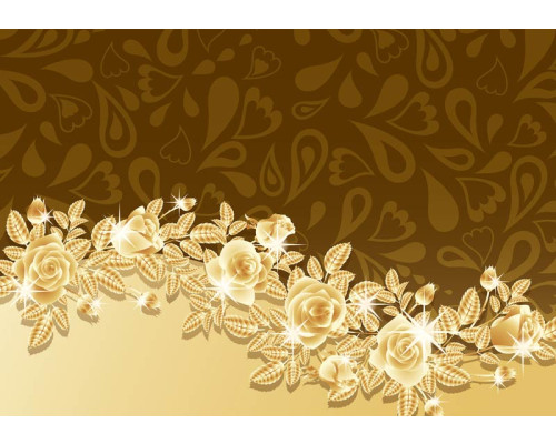 Fotobehang met gouden rozen en bloemen, met abstracte kunstinvloeden.