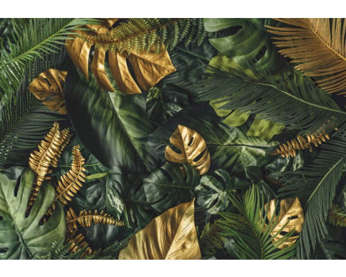 Fotobehang met groene en gouden bladeren in een jungle botanisch thema.