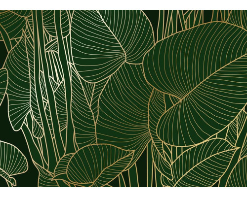 Een fotobehang met groene bladeren en gouden details, waarbij diepe groentinten worden gecombineerd met subtiele goudaccenten voor een luxe uitstraling.