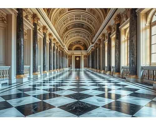 Fotobehang van een luxueuze gouden hal met 3D-gebouwen, in een stijlvolle setting.