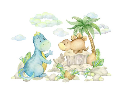 Blije dinosaurussen die door het regenwoud bewegen, terwijl de kinderen genieten van de kleurrijke en speelse scène op dit fotobehang.