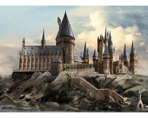 Een fotobehang met Harry Potter uitzicht op Zweinstein, waarin het iconische kasteel hoog boven het landschap uittorent en een magische en betoverende sfeer creëert.