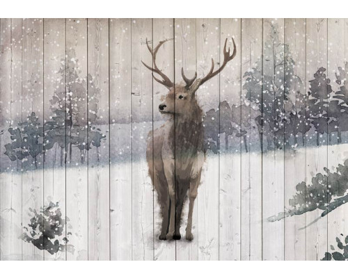 Fotobehang van een hert in een winterbos met rendieren en natuurdetails.