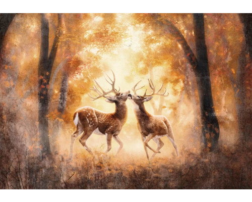 Fotobehang van herten in het bos, met een natuurlijke en serene sfeer.
