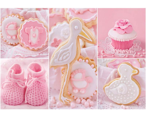 Fotobehang met de tekst 'Het is een meisje,' roze babykamerontwerp met cupcake-stijl.
