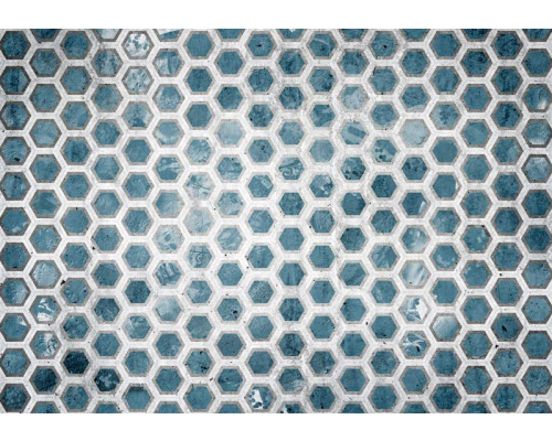 Fotobehang met hexagon tegels in blauw met een opvallend 3D-effect.