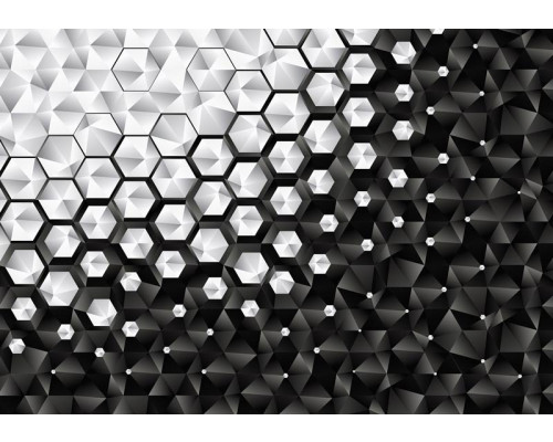 Fotobehang met geometrische zilveren zeshoeken en een 3D-effect.