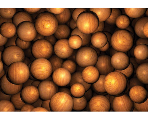 Fotobehang met abstracte ronde houten ballen, in verschillende tinten bruin, in een modern en eigentijds ontwerp.