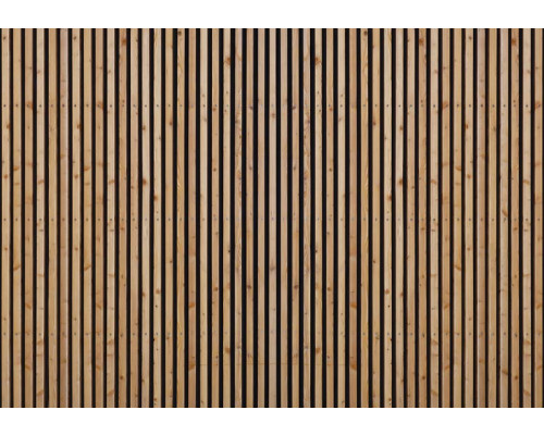 Fotobehang van houten panelen en latten, met een akoestisch wandpaneel ontwerp.