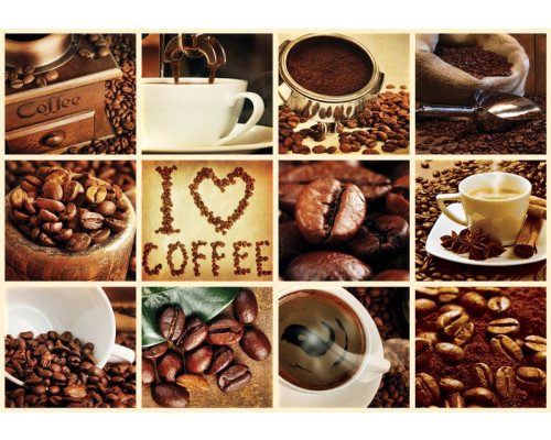 Koffiecollage met wit kader, fotobehang met koffiebonen en een moderne en speelse uitstraling.