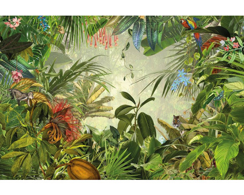 Into the Wild jungle bloemen en planten, weergegeven in een artistiek fotobehang, voor een avontuurlijke sfeer.
