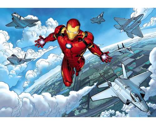 Fotobehang Iron Man in vlucht, epische actie uit Marvel-films.