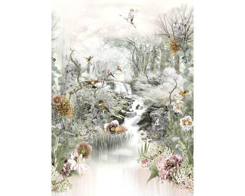 Fotobehang van een serene Japanse tuin met delicate bloemen, weergegeven in een artistieke abstractie.