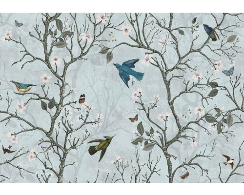 Fotobehang van Japanse vogels in een bloesembos, met kersen- en appelbloesem.