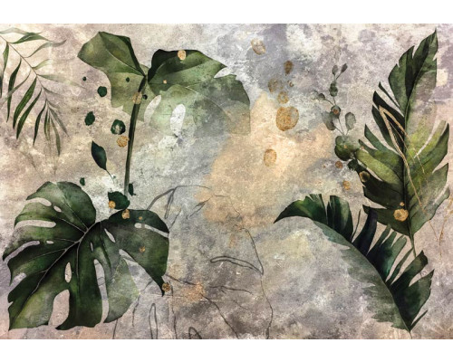 Fotobehang met botanische bladeren en kunstzinnige jungle-elementen.